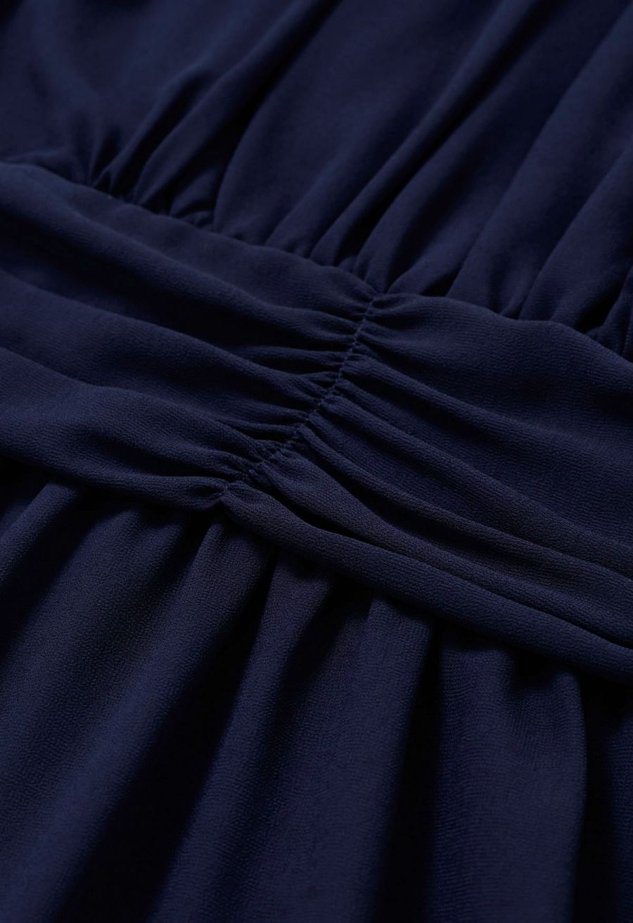 Mock Neck Ruched Waist Airy Chiffon Dress in Navy