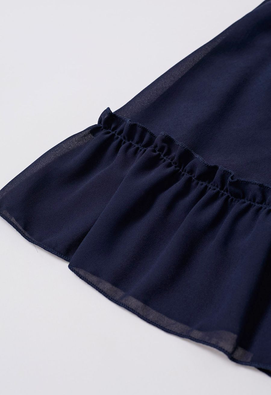 Mock Neck Ruched Waist Airy Chiffon Dress in Navy