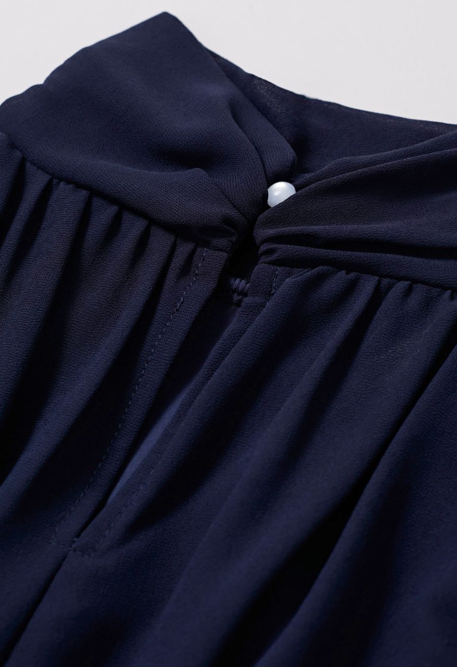 Mock Neck Ruched Waist Airy Chiffon Dress in Navy