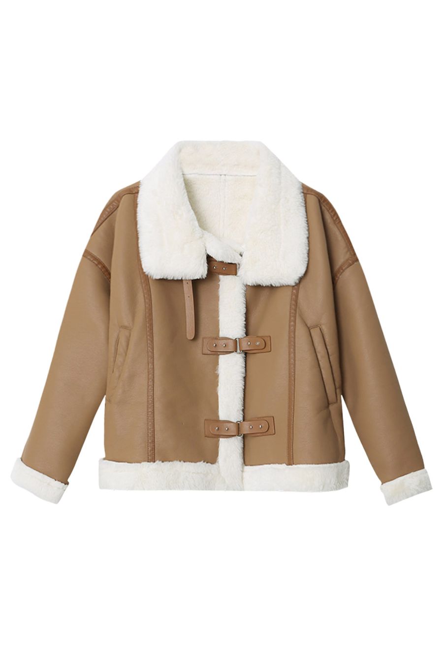 Faux Fur Buckle Fastening PU Leather Jacket in Camel