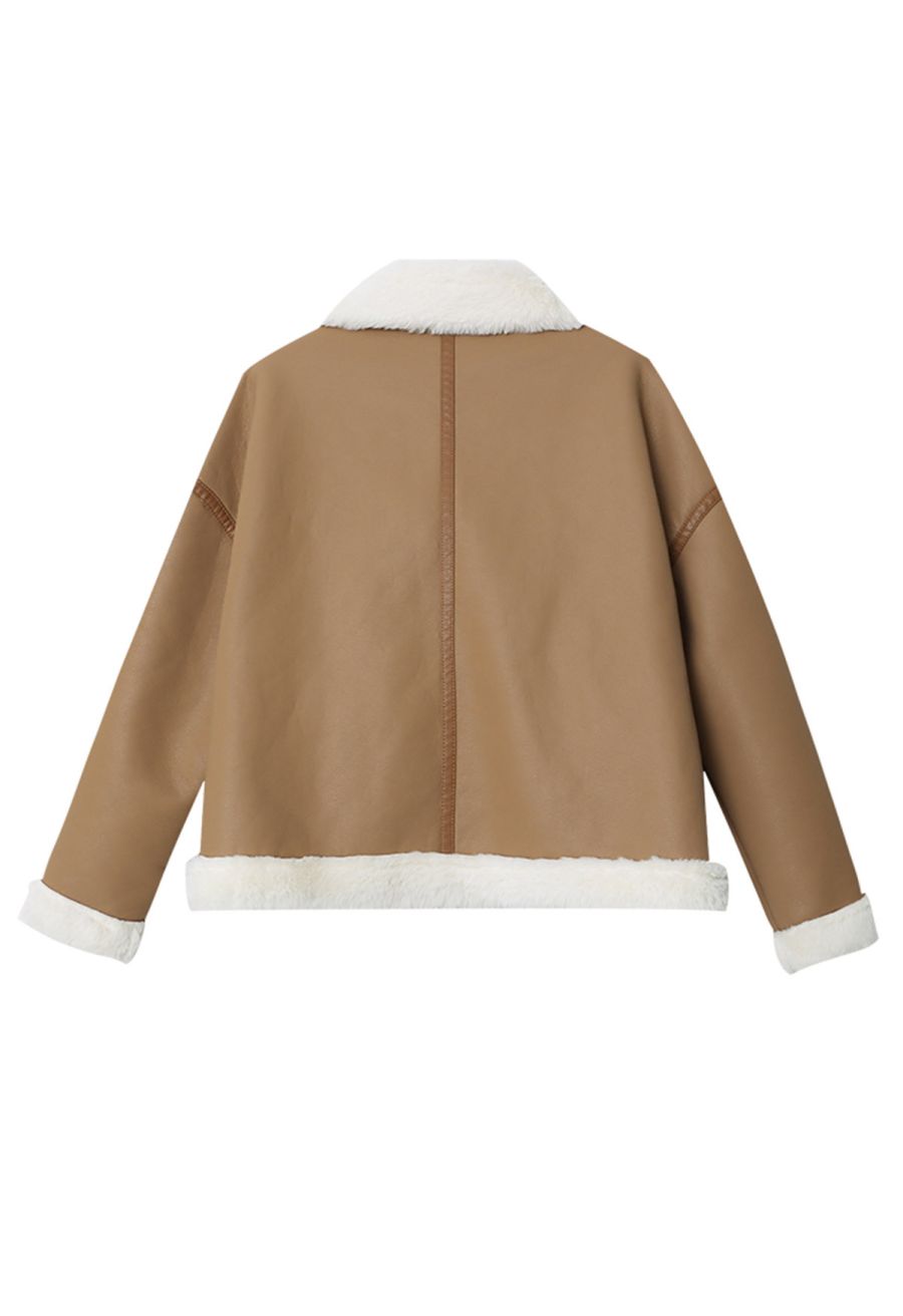 Faux Fur Buckle Fastening PU Leather Jacket in Camel
