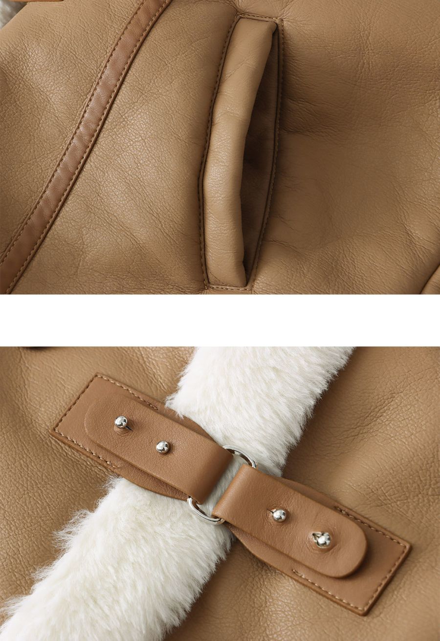 Faux Fur Buckle Fastening PU Leather Jacket in Camel