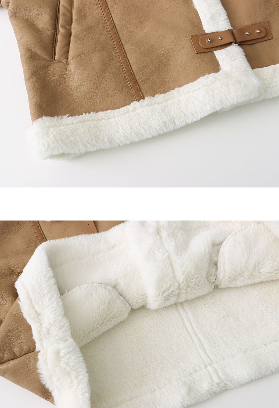Faux Fur Buckle Fastening PU Leather Jacket in Camel