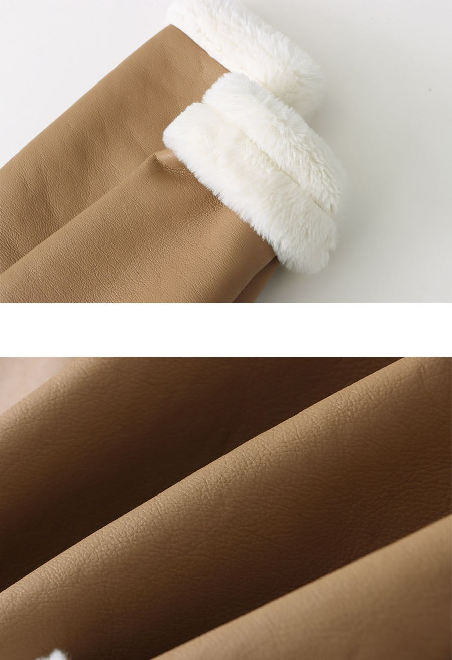Faux Fur Buckle Fastening PU Leather Jacket in Camel