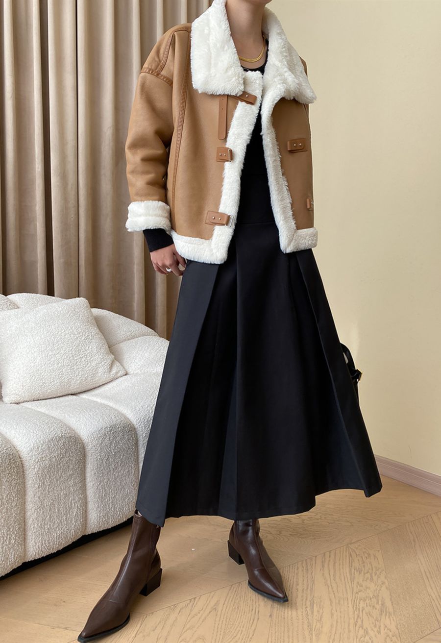 Faux Fur Buckle Fastening PU Leather Jacket in Camel