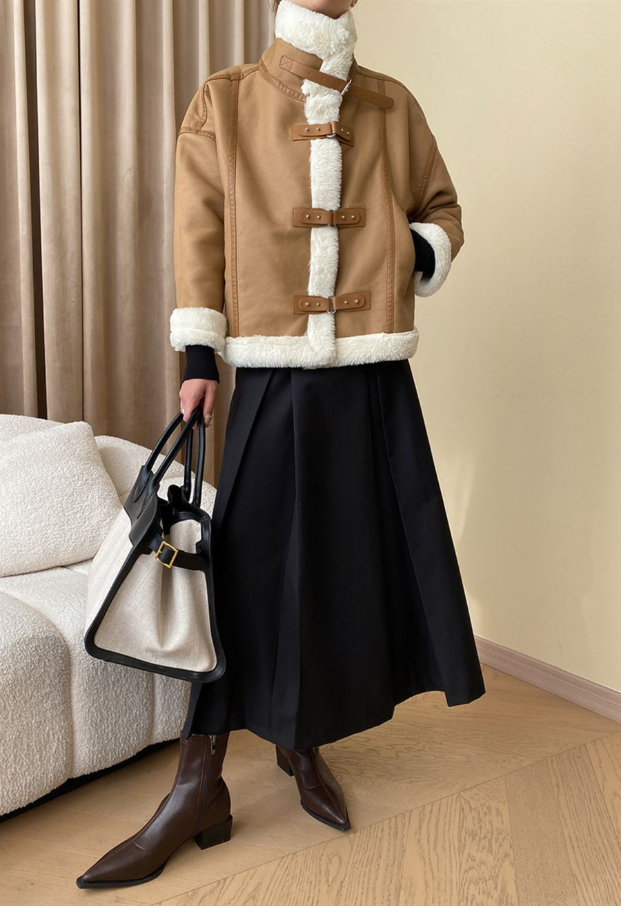 Faux Fur Buckle Fastening PU Leather Jacket in Camel
