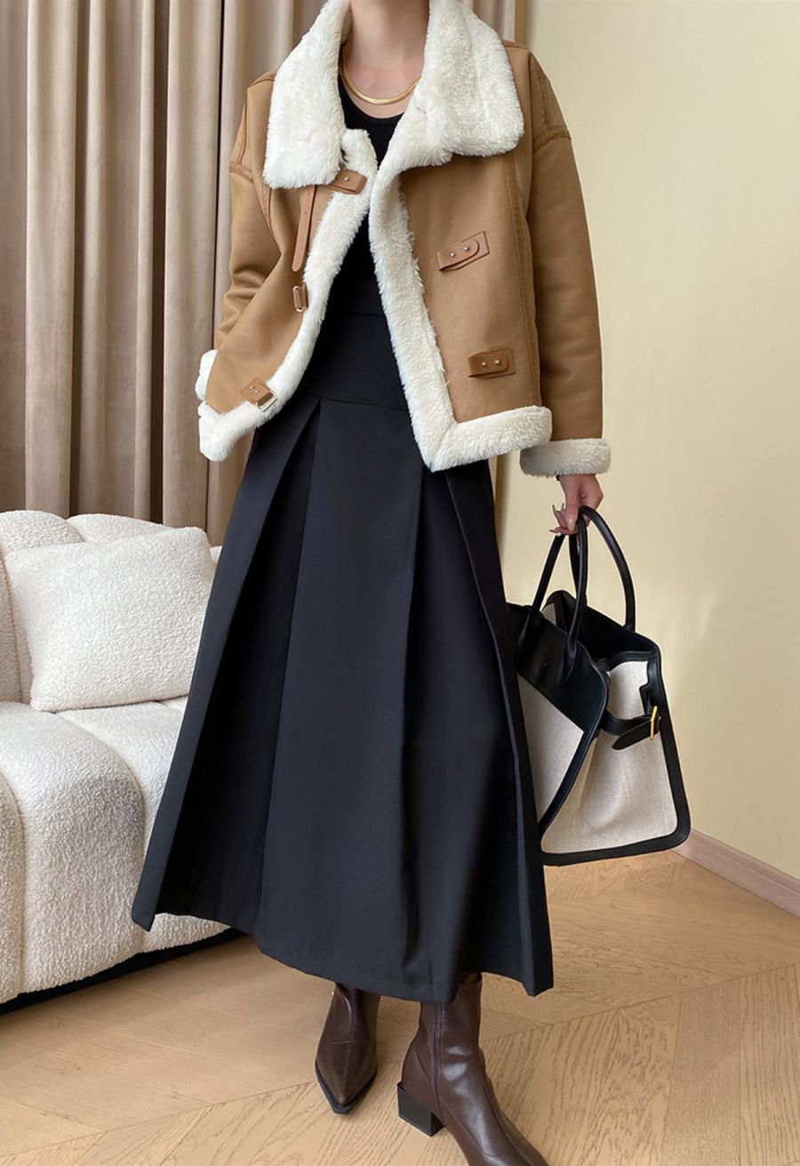 Faux Fur Buckle Fastening PU Leather Jacket in Camel