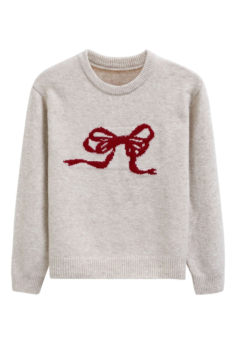 Bowknot Ribbon Pattern Ribbed Edge Knit Sweater