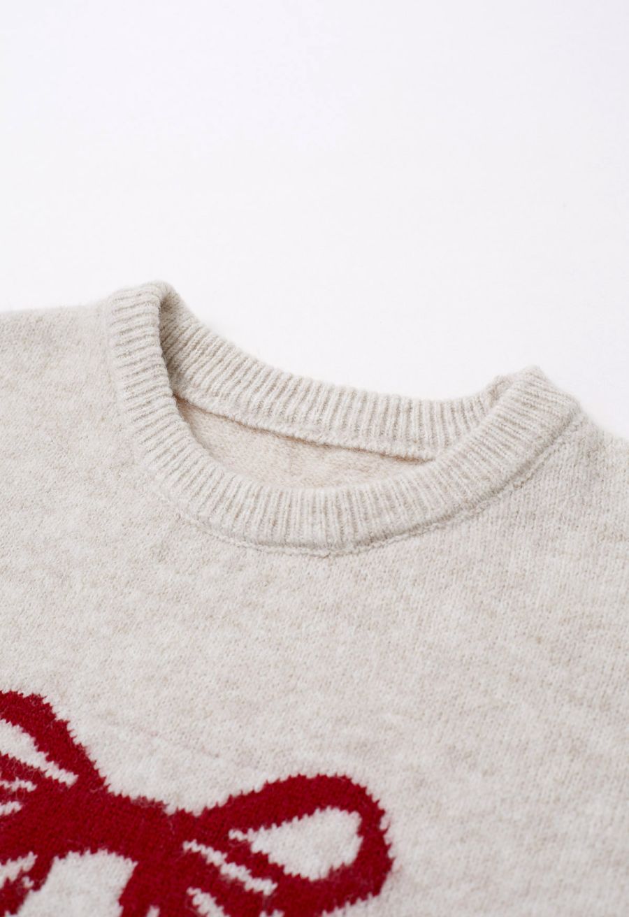 Bowknot Ribbon Pattern Ribbed Edge Knit Sweater