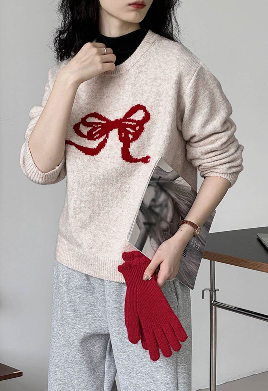 Bowknot Ribbon Pattern Ribbed Edge Knit Sweater