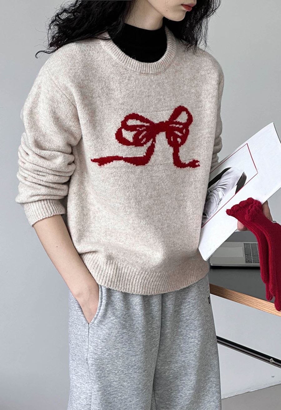 Bowknot Ribbon Pattern Ribbed Edge Knit Sweater