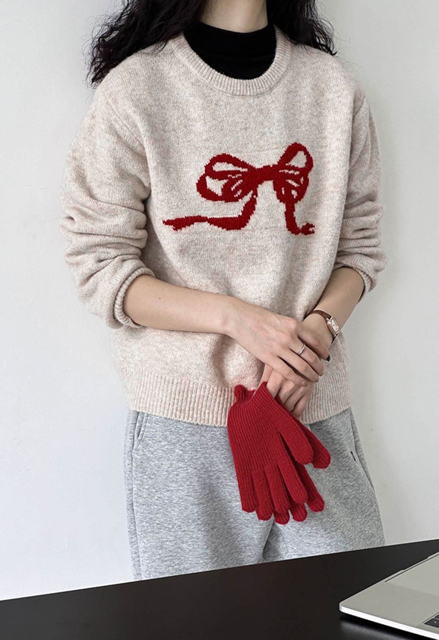 Bowknot Ribbon Pattern Ribbed Edge Knit Sweater