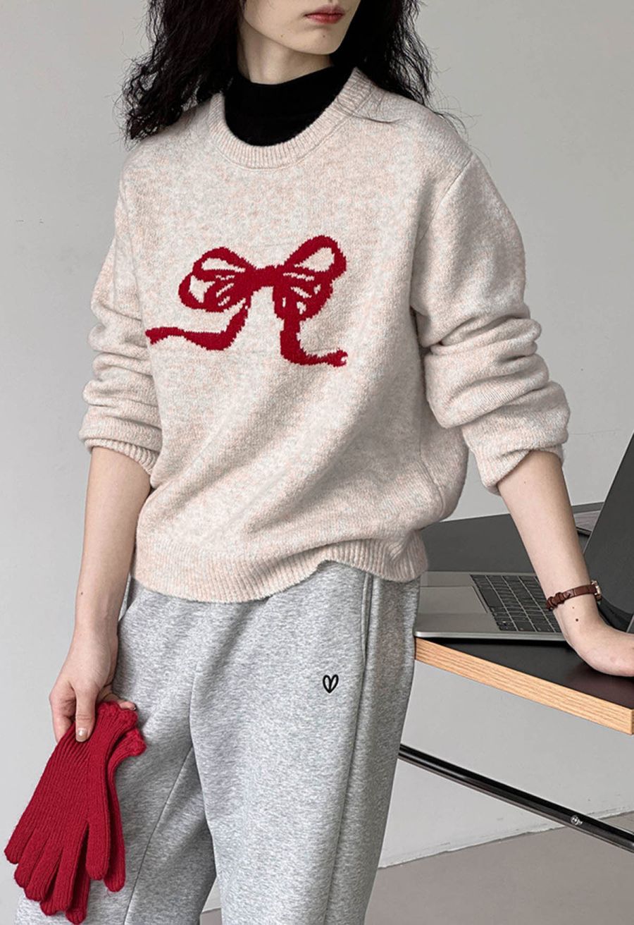 Bowknot Ribbon Pattern Ribbed Edge Knit Sweater