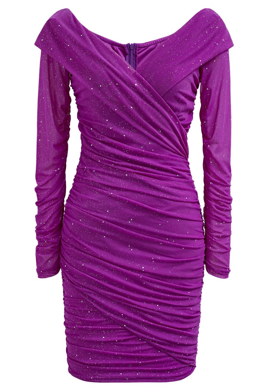 Glitter V-Neck Ruched Mesh Bodycon Mini Dress in Magenta