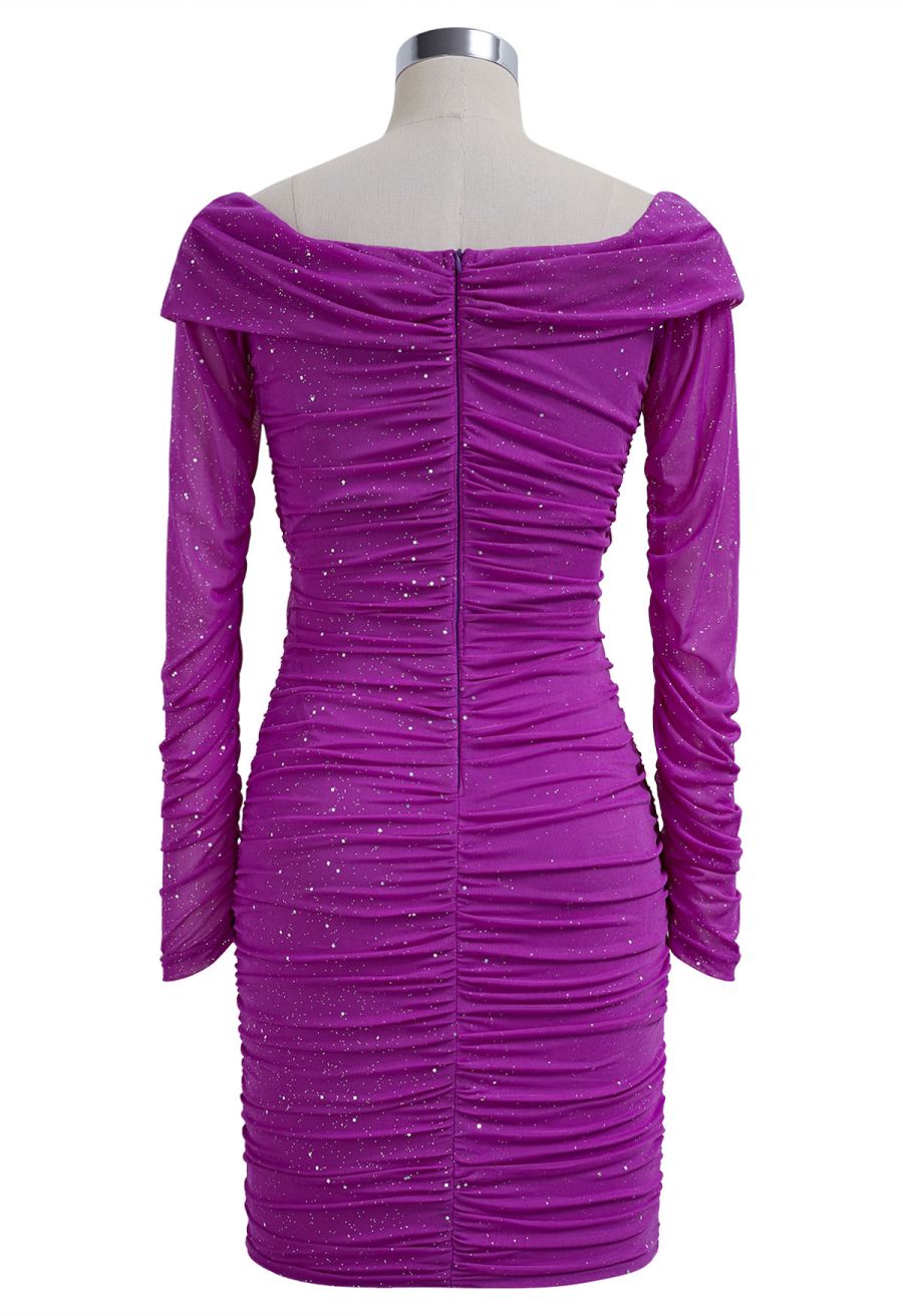 Glitter V-Neck Ruched Mesh Bodycon Mini Dress in Magenta