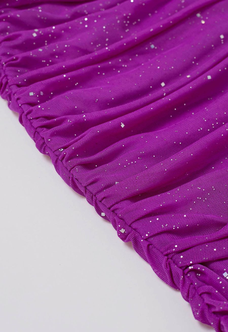 Glitter V-Neck Ruched Mesh Bodycon Mini Dress in Magenta
