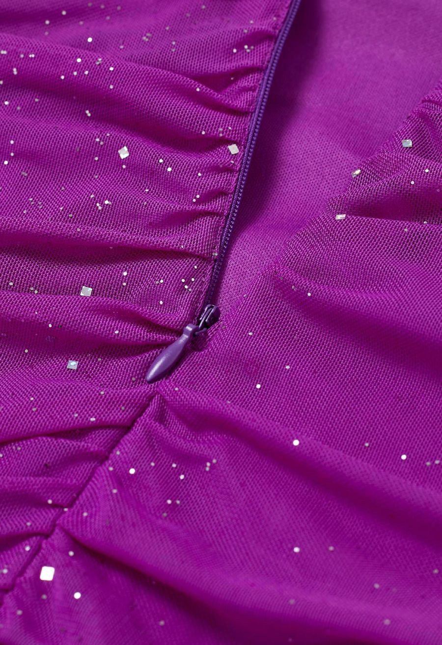 Glitter V-Neck Ruched Mesh Bodycon Mini Dress in Magenta