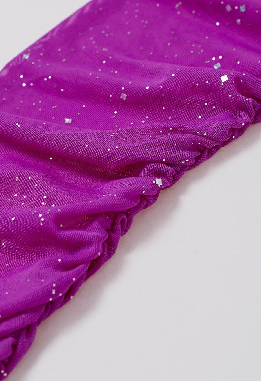 Glitter V-Neck Ruched Mesh Bodycon Mini Dress in Magenta