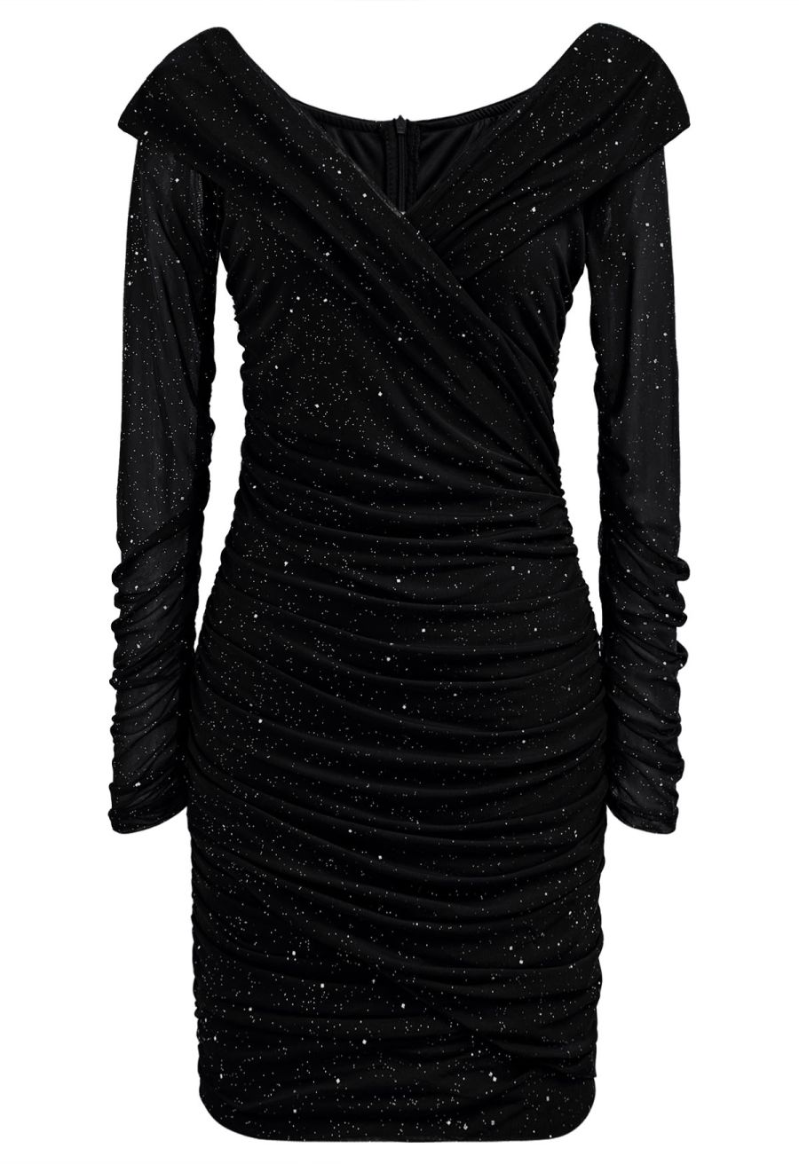 Glitter V-Neck Ruched Mesh Bodycon Mini Dress in Black