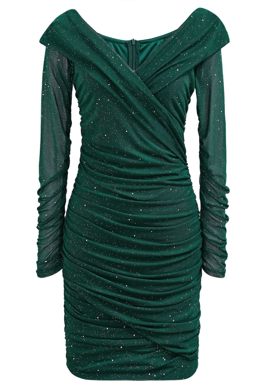 Glitter V-Neck Ruched Mesh Bodycon Mini Dress in Dark Green