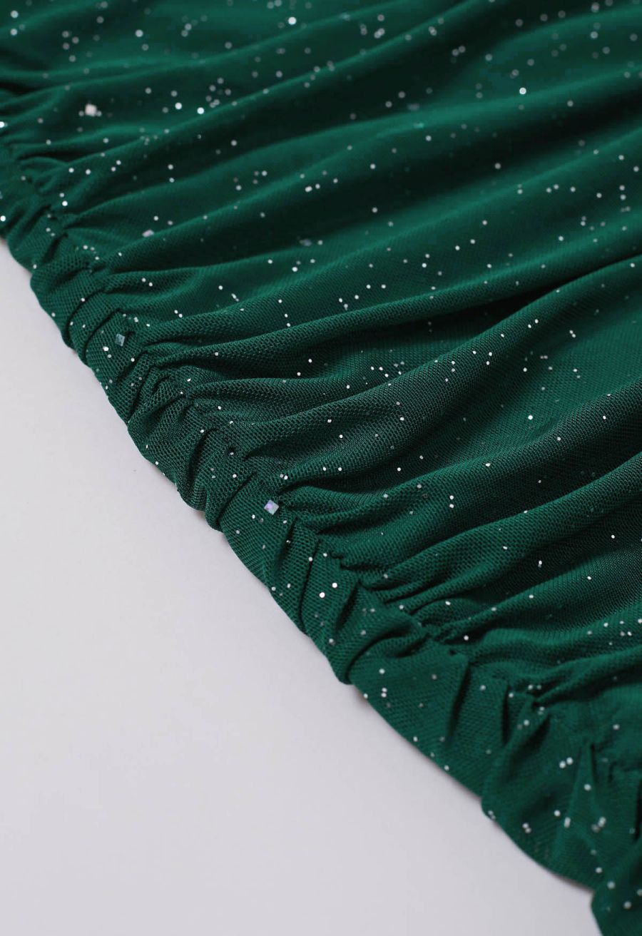 Glitter V-Neck Ruched Mesh Bodycon Mini Dress in Dark Green
