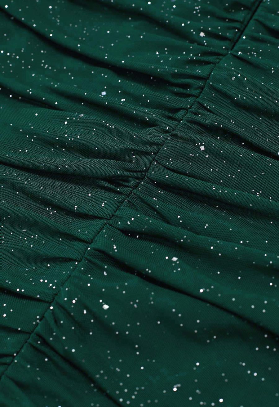 Glitter V-Neck Ruched Mesh Bodycon Mini Dress in Dark Green