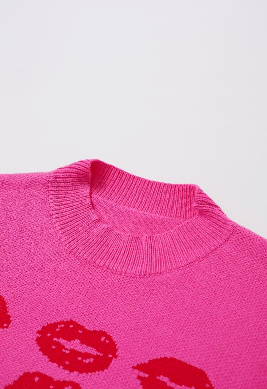 Red Lips Pattern Knit Sweater in Hot Pink