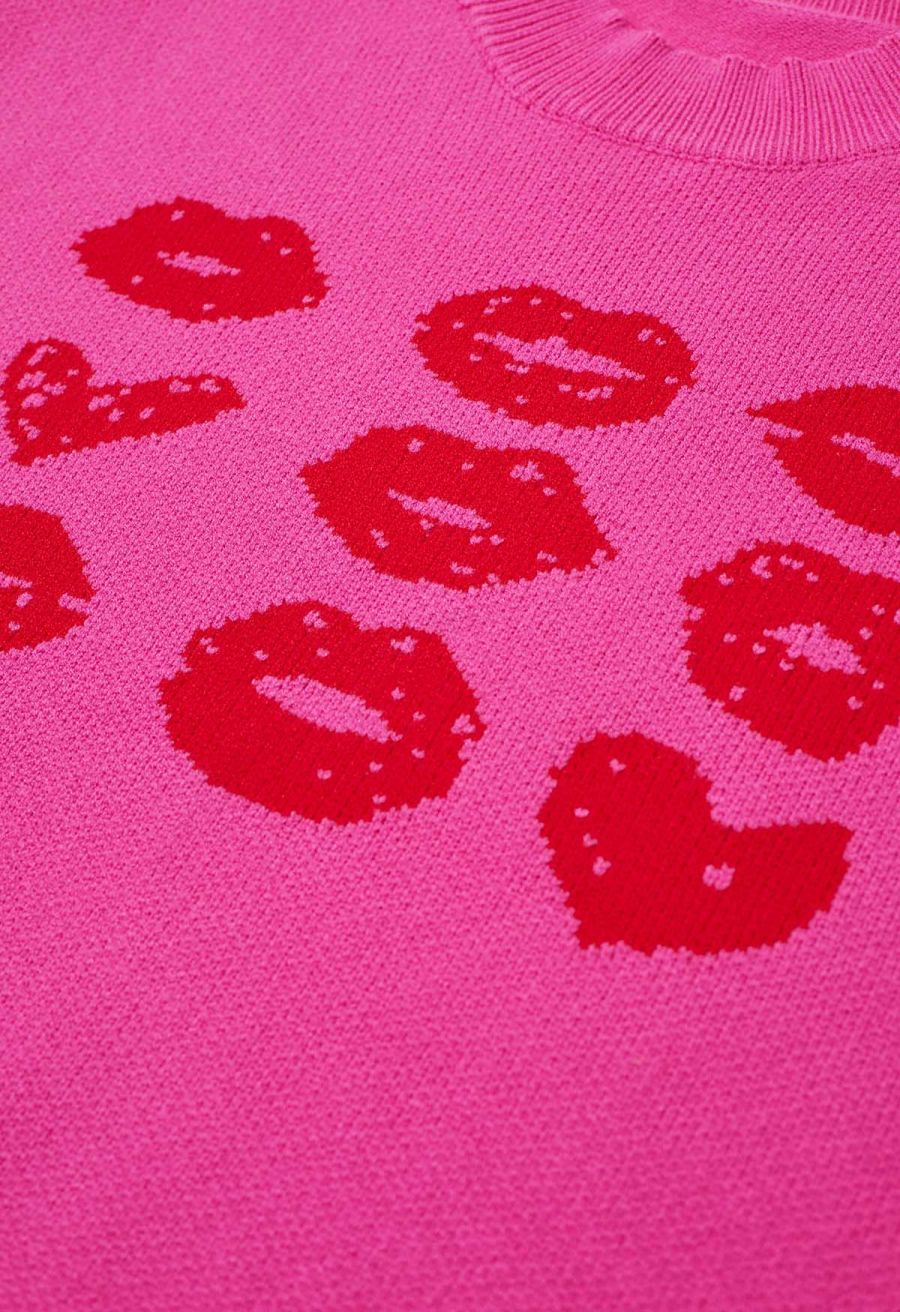 Red Lips Pattern Knit Sweater in Hot Pink