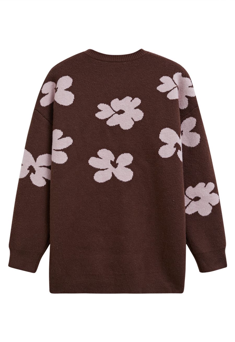 Contrast Flower Pattern Knit Sweater in Brown