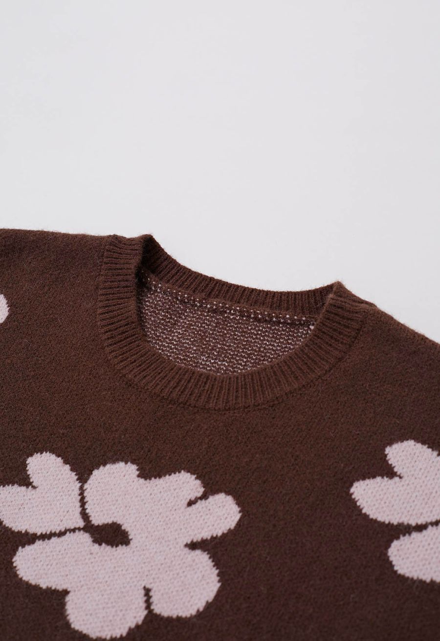 Contrast Flower Pattern Knit Sweater in Brown
