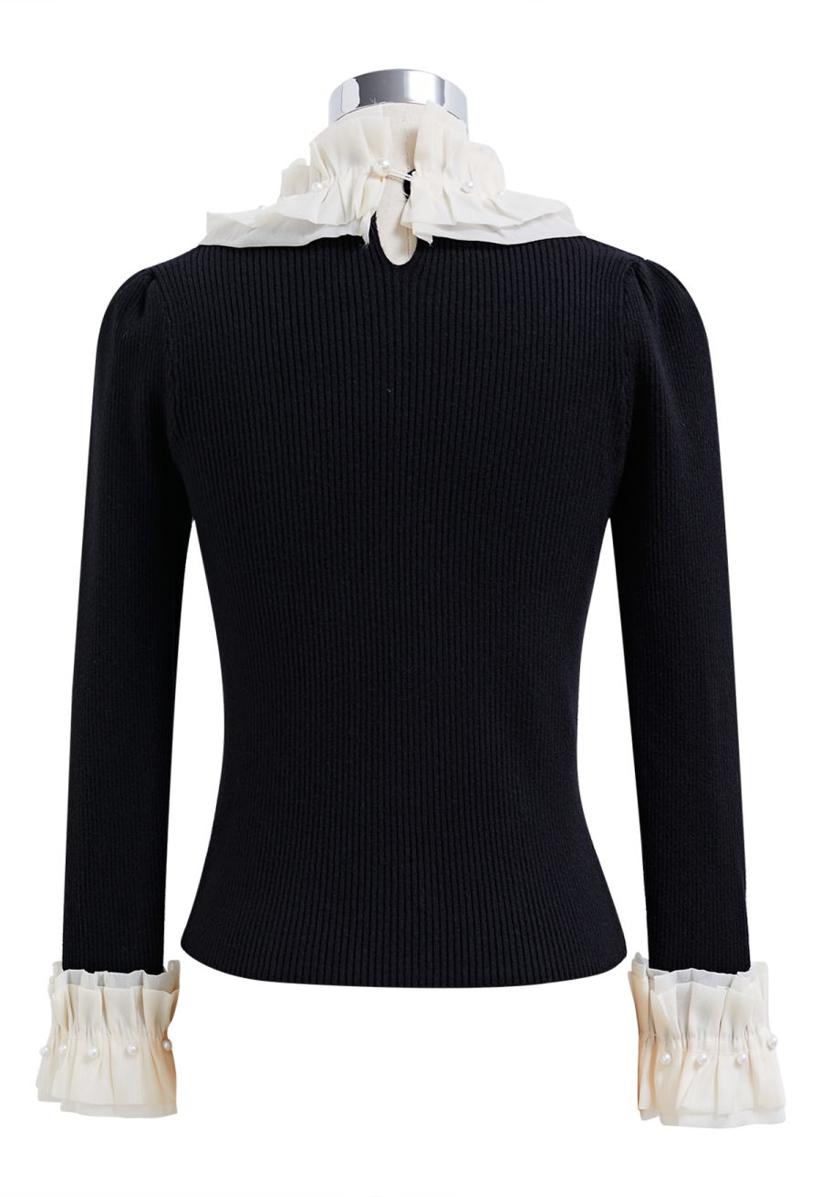 Pearl Ruffle Organza Adorned Knit Top in Black