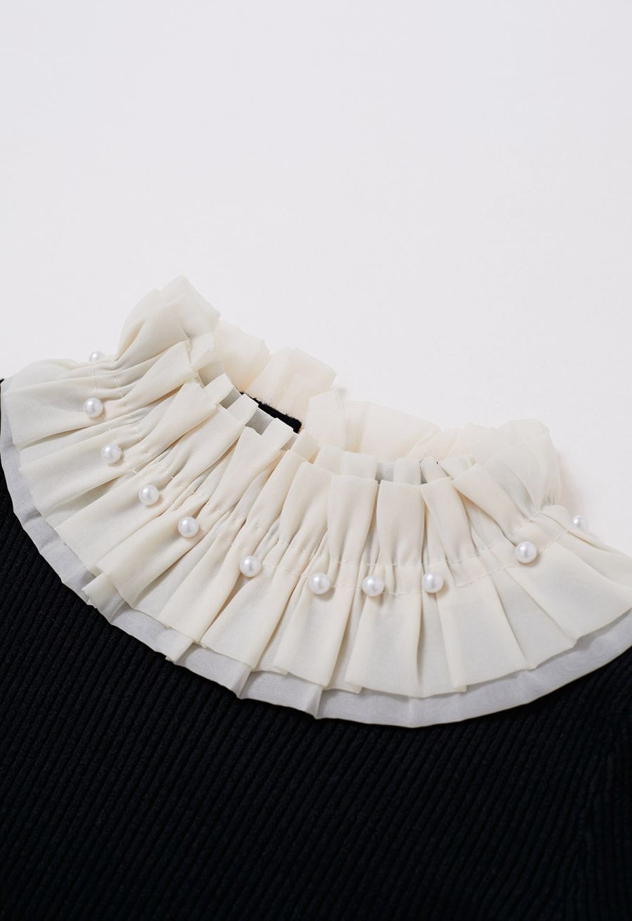 Pearl Ruffle Organza Adorned Knit Top in Black