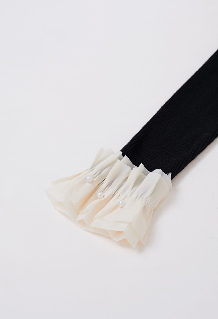 Pearl Ruffle Organza Adorned Knit Top in Black