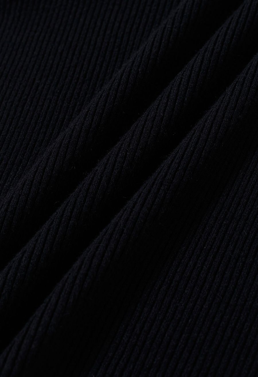 Pearl Ruffle Organza Adorned Knit Top in Black