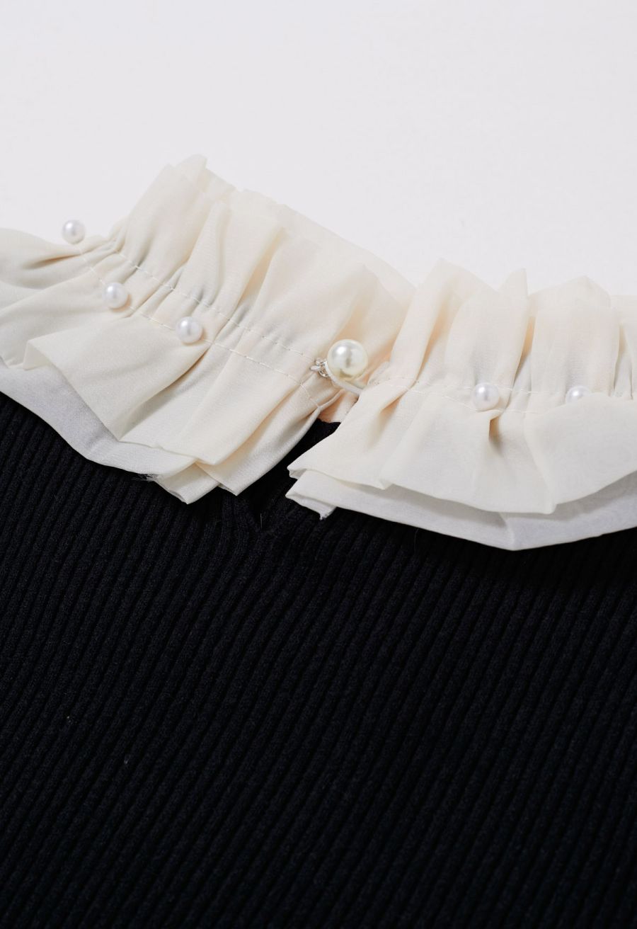 Pearl Ruffle Organza Adorned Knit Top in Black