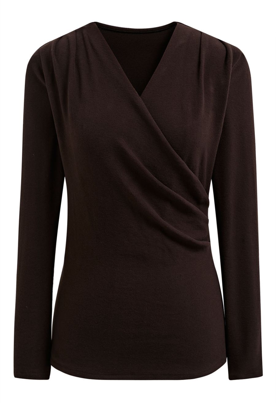 Solid Color Soft Wrap Top in Brown