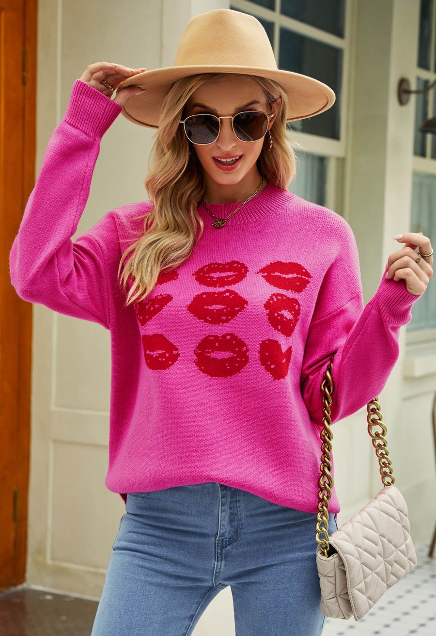 Red Lips Pattern Knit Sweater in Hot Pink