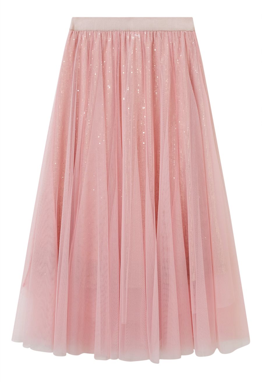 Ravishing Sequins Mesh Tulle Midi Skirt in Pink
