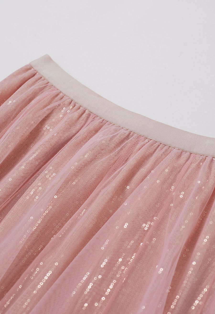 Ravishing Sequins Mesh Tulle Midi Skirt in Pink