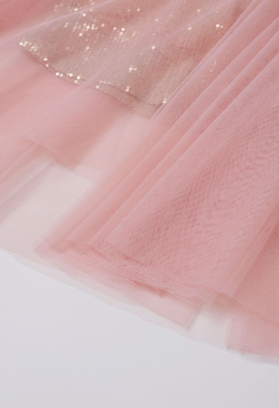 Ravishing Sequins Mesh Tulle Midi Skirt in Pink