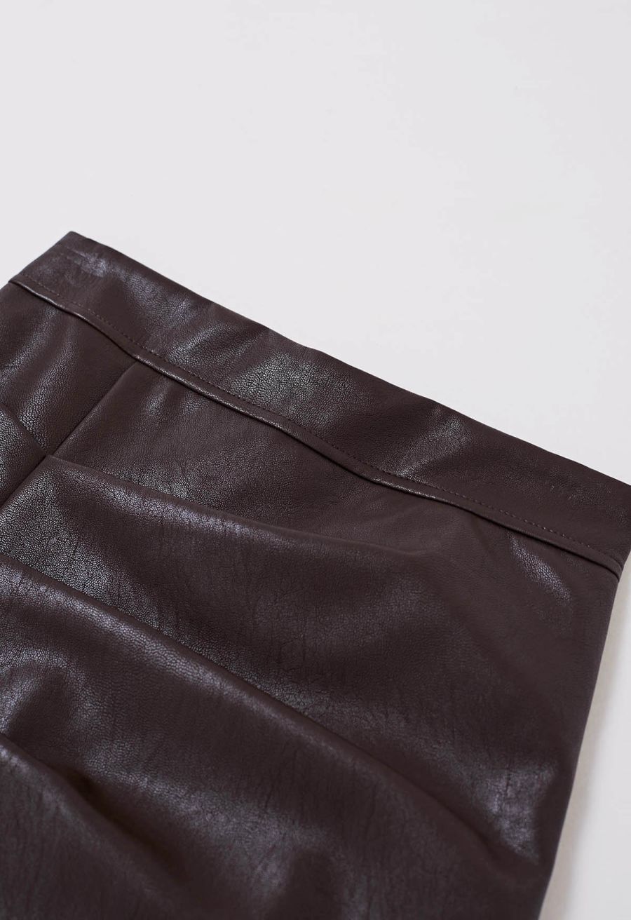 Faux Leather Pleat Detail Mini Skirt in Brown