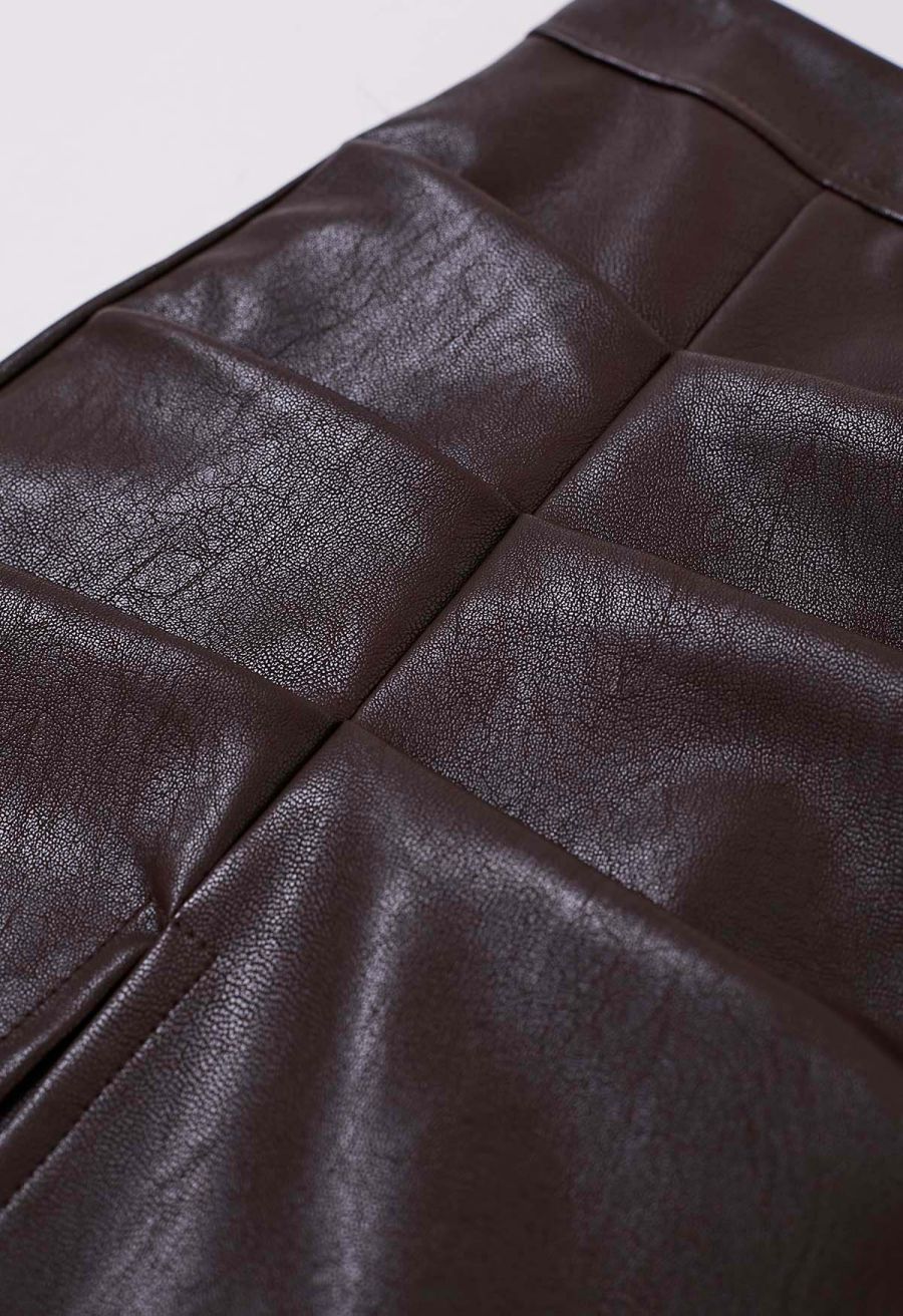 Faux Leather Pleat Detail Mini Skirt in Brown