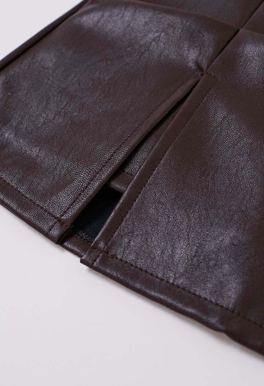 Faux Leather Pleat Detail Mini Skirt in Brown
