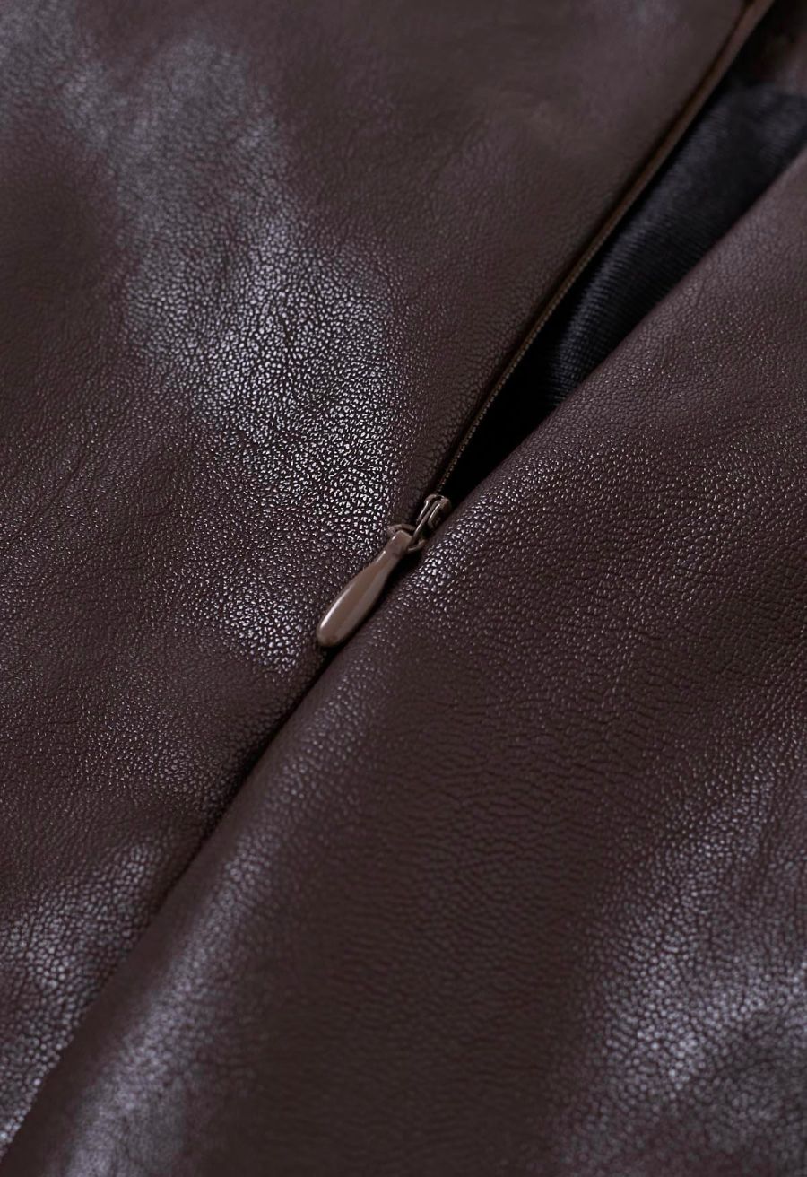 Faux Leather Pleat Detail Mini Skirt in Brown