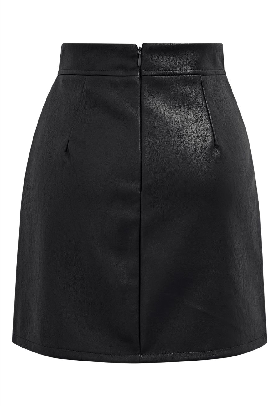 Faux Leather Pleat Detail Mini Skirt in Black