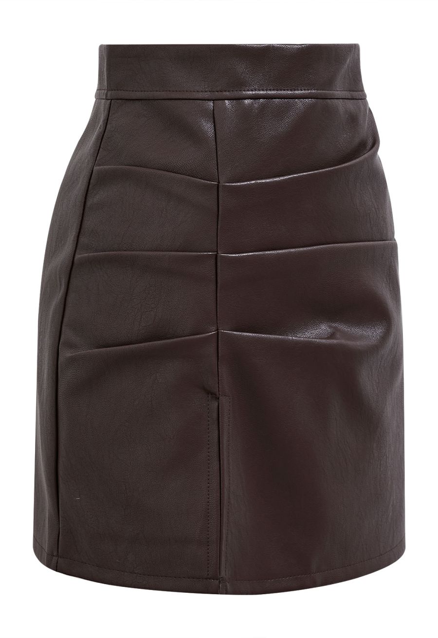 Faux Leather Pleat Detail Mini Skirt in Brown