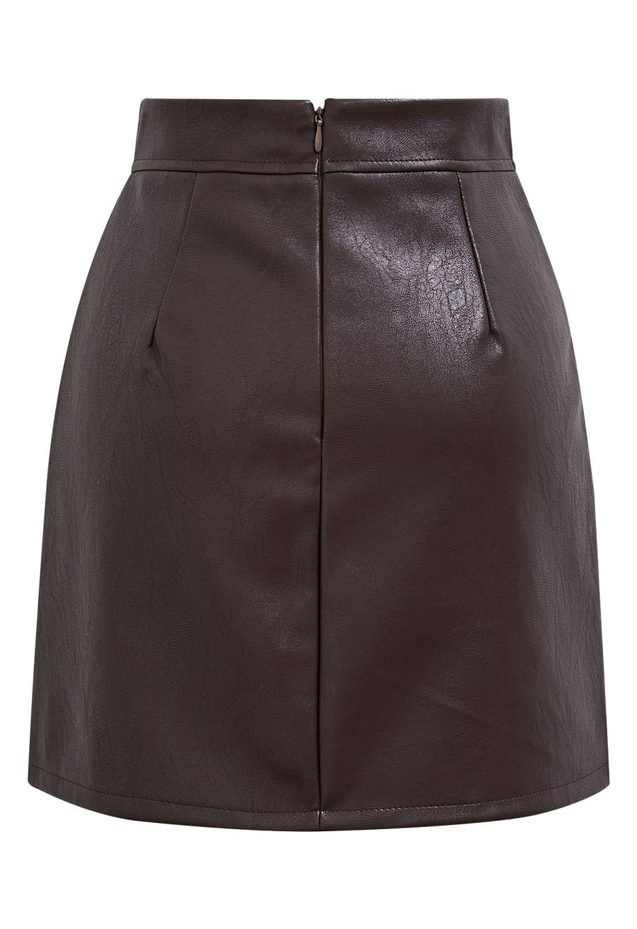 Faux Leather Pleat Detail Mini Skirt in Brown