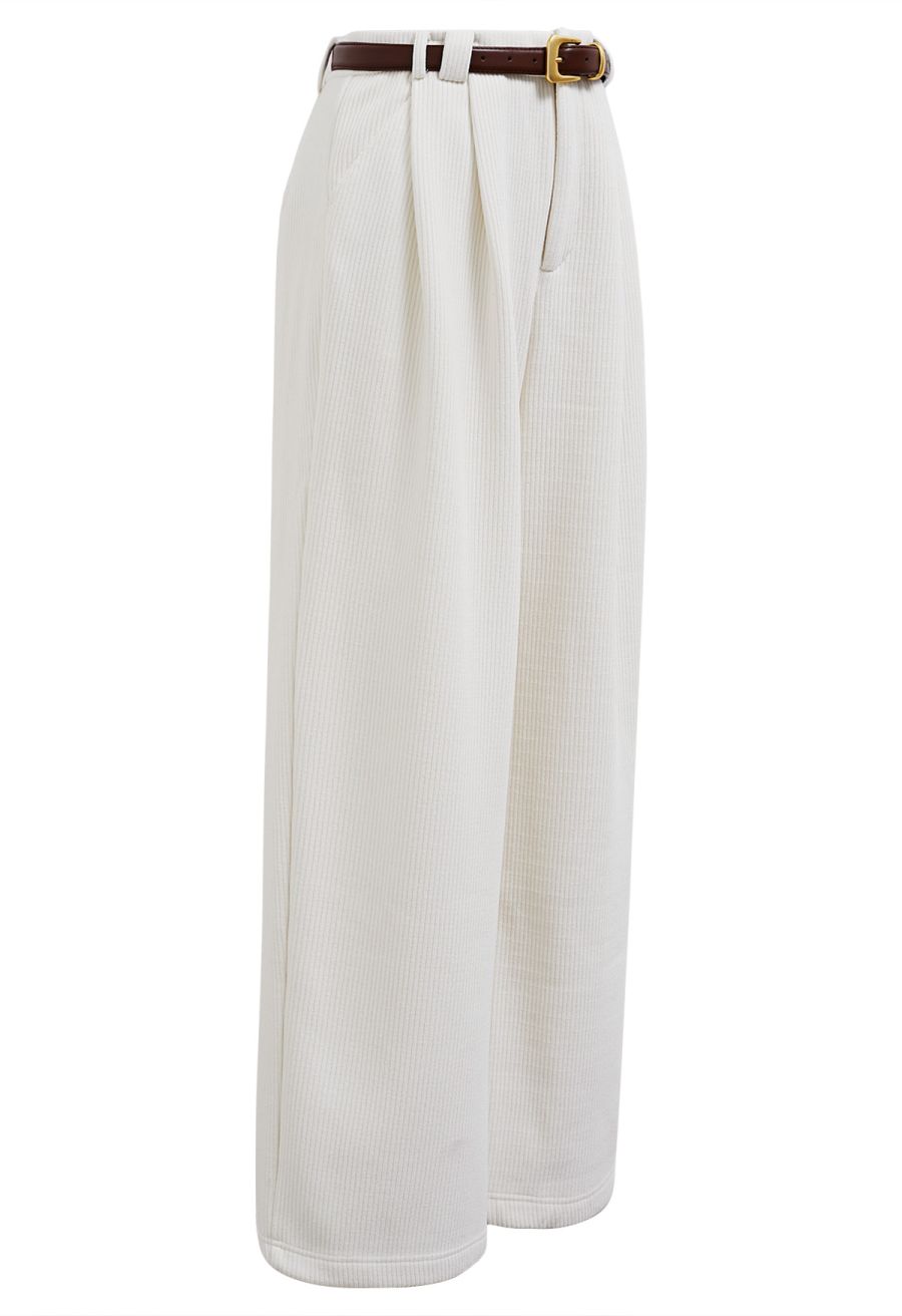 Fleece-Lined Corduroy Belted Straight-Leg Pants in White