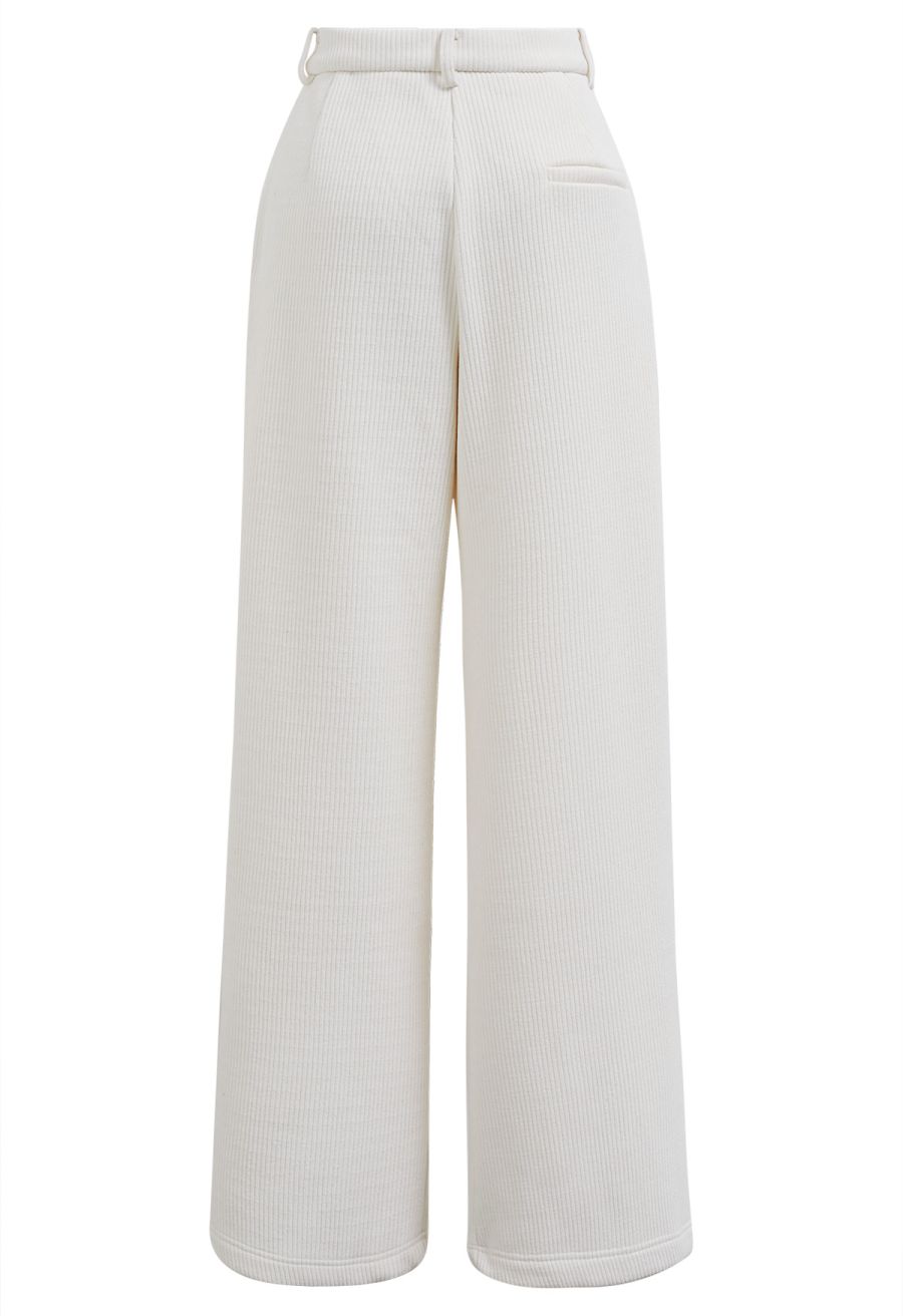Fleece-Lined Corduroy Belted Straight-Leg Pants in White