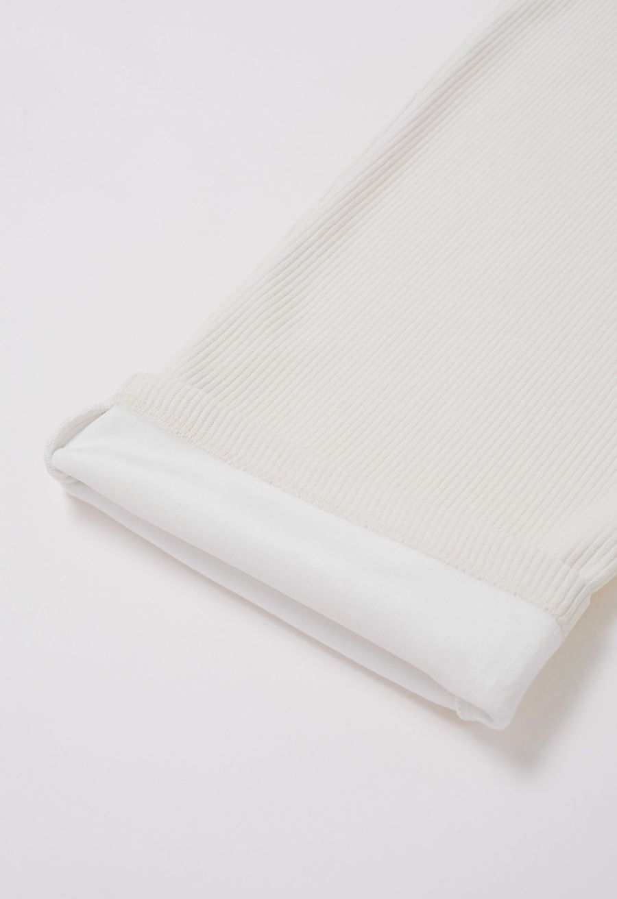 Fleece-Lined Corduroy Belted Straight-Leg Pants in White